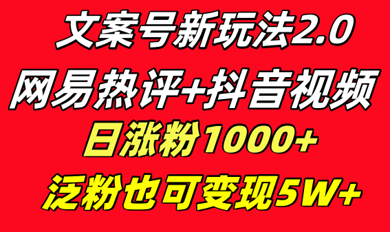 文案号新玩法 网易热评+抖音文案 一天涨粉1000+ 多种变现模式 泛粉也可变现-我爱学习网