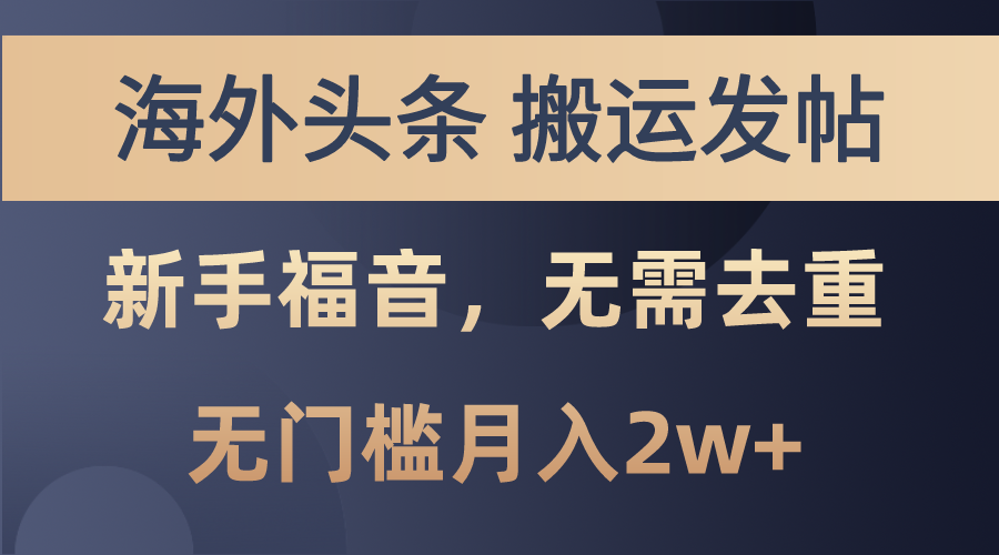 海外头条搬运发帖，新手福音，甚至无需去重，无门槛月入2w+-灵牛资源网